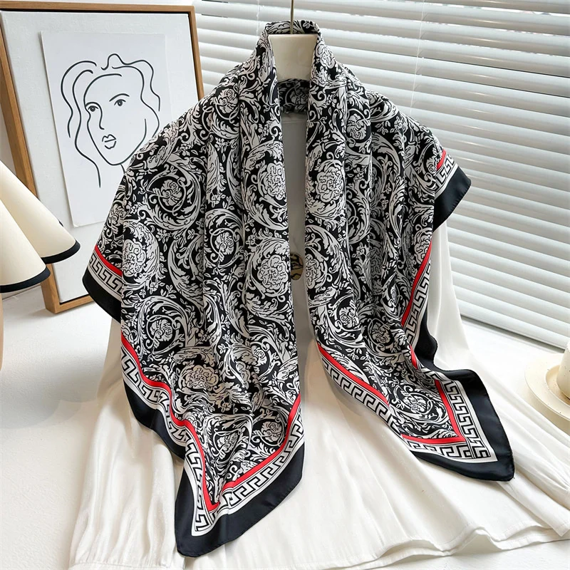 New Luxury Brand Rose Printed Twill Silk Scarf Women Spring and Autumn Scarves Head Scarf 90cm Large Square Shawl Foulard Lady