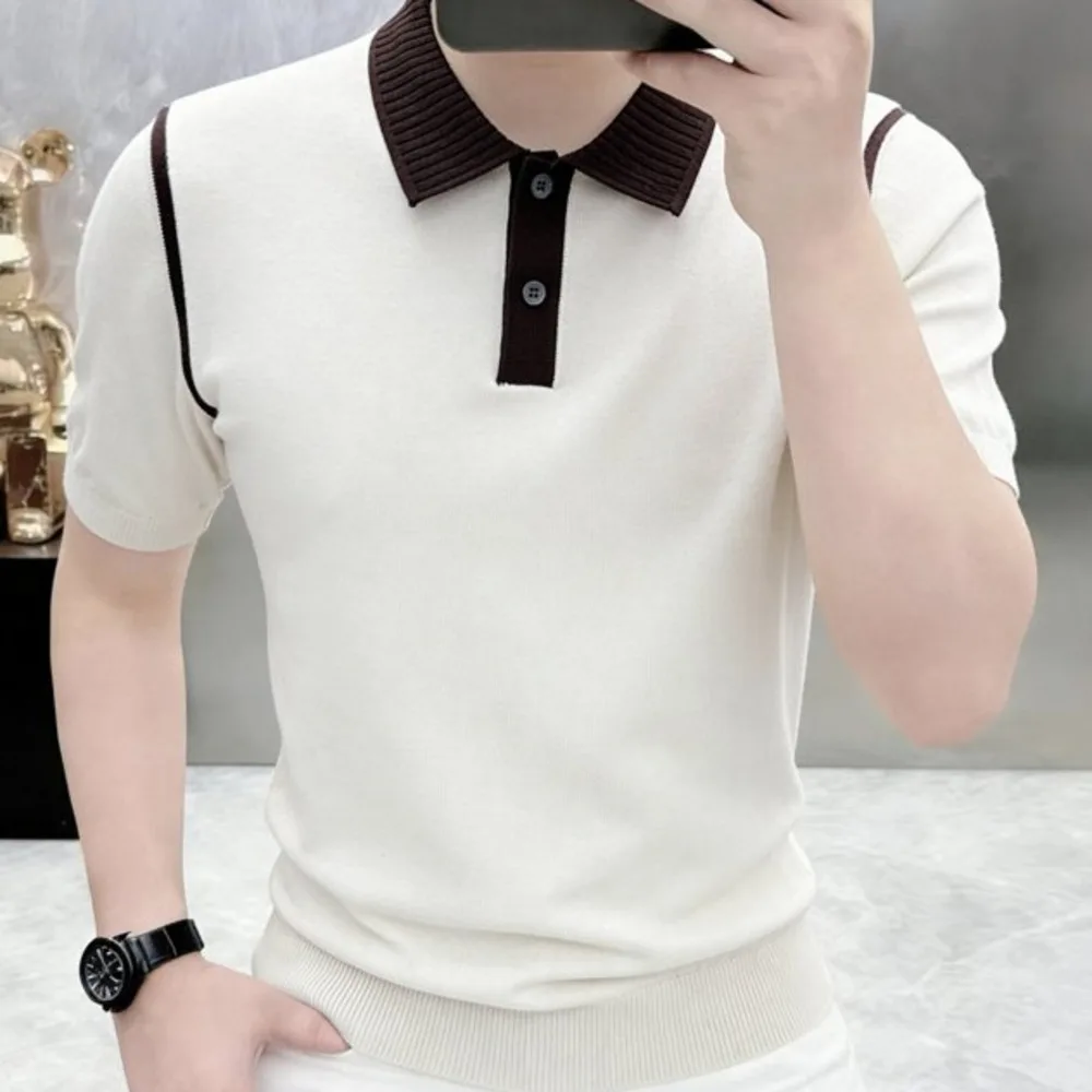 New Summer Men's Contrast Stitching Simple Short-sleeved T-shirt British Slim Lapel Knitted Striped Casual V-neck Polo Shirt