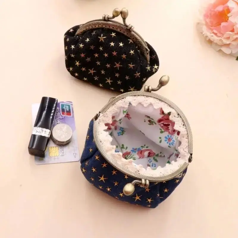 Wallet for Women Five-Pointed Star Coin Purse Denim Change Pouch Wallets Buckle with Kisslock Clasp Coin Holder Clutch Handbags