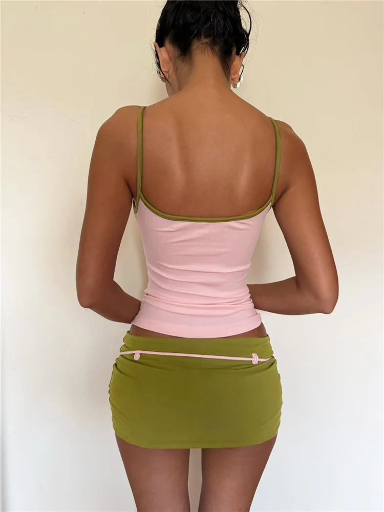 Weird Puss Color Blocking 2-Piece Set Women Low-Neck Backless Skinny Camisole+Bandage Tassel Skirt Sweet Summer Trend Daily Suit