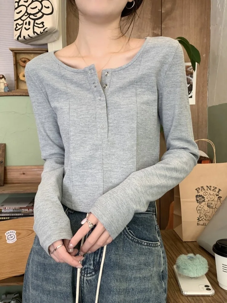 

V-Neck Slimming Women's Long Sleeve T-shirt Solid Color Casual Versatile Women's Top Korean Summer Crop Tops