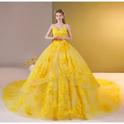 ชุดชุดเดรสปาร์ตี้สีทอง2024ใหม่15 quinceanera ชุดเดรสหวานสปาเก็ตตี้สายชุดไปงานเต้นรำแขนถอดออกได้ชุดราตรีอายุ15ปี