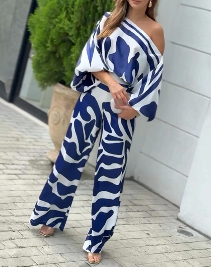 Color Blocking Diagonal Collar Bat Sleeve Loose Top Paired with High Waisted Straight Leg Pants, Summer Fashion Casual Set