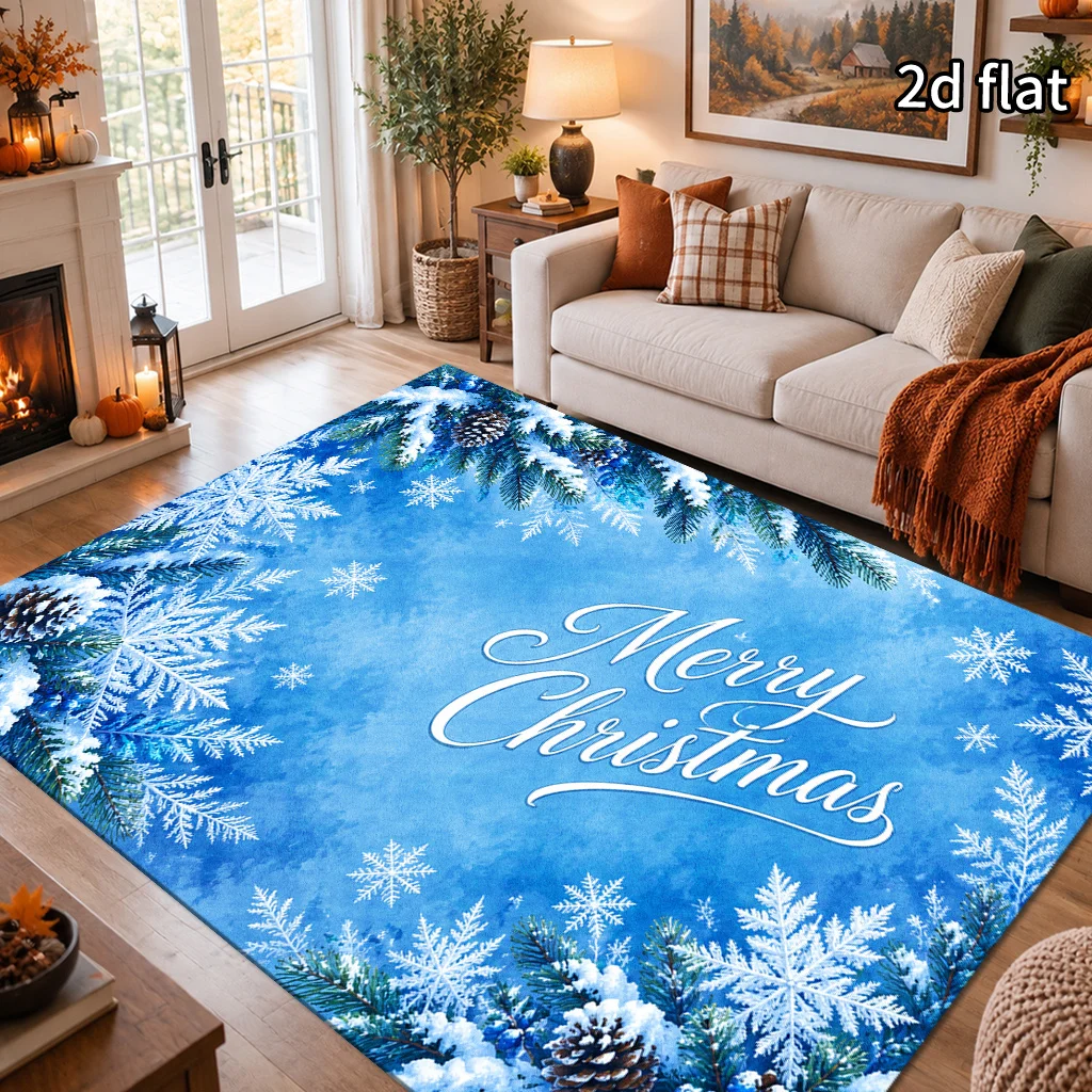 Bright Cyan Ice Crystal Snowflake Christmas Area Rug Sparkle Star Glow Snow Flake Print Floor Mat Cool Tone Frozen Theme Carpet