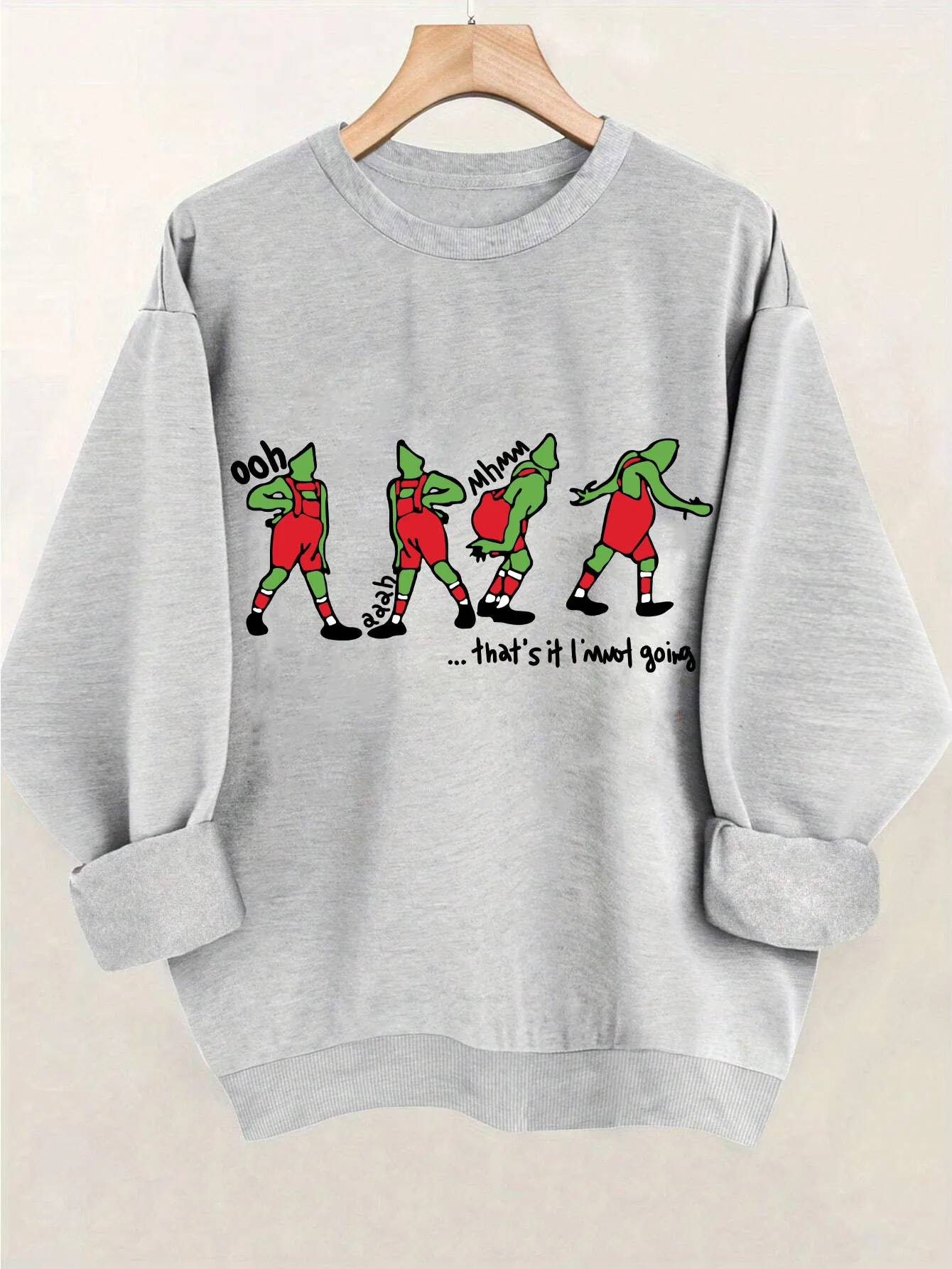 

Grey Monster Print Fleece Lined Hoodie Casual For Autumn Long Sleeve Crew Neck Sweatshirts Women clothing Relaxed Drop Shoulder