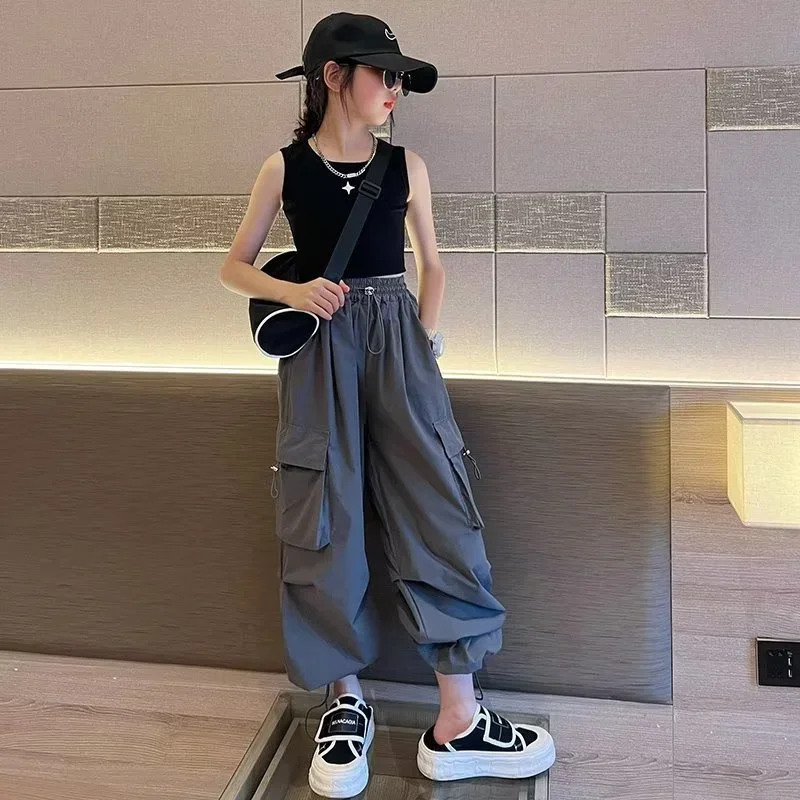 Girls' High Waist Straight Trousers Kids Hip Hop Joggers Cargo Pants Drawstring Sweatpants Cool Fashion Spring Autumn