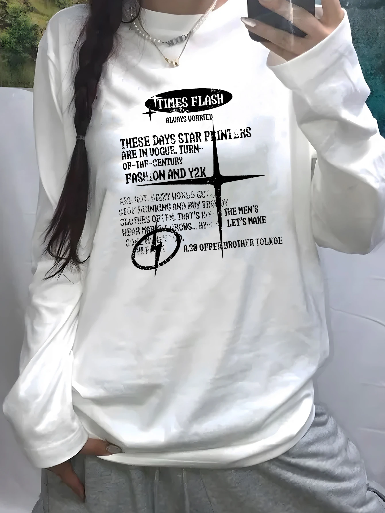 Y2K Retro Star & Letter Graphic Cotton T-Shirt for Women - Oversized Long Sleeve Casual Top with Geometric Print
