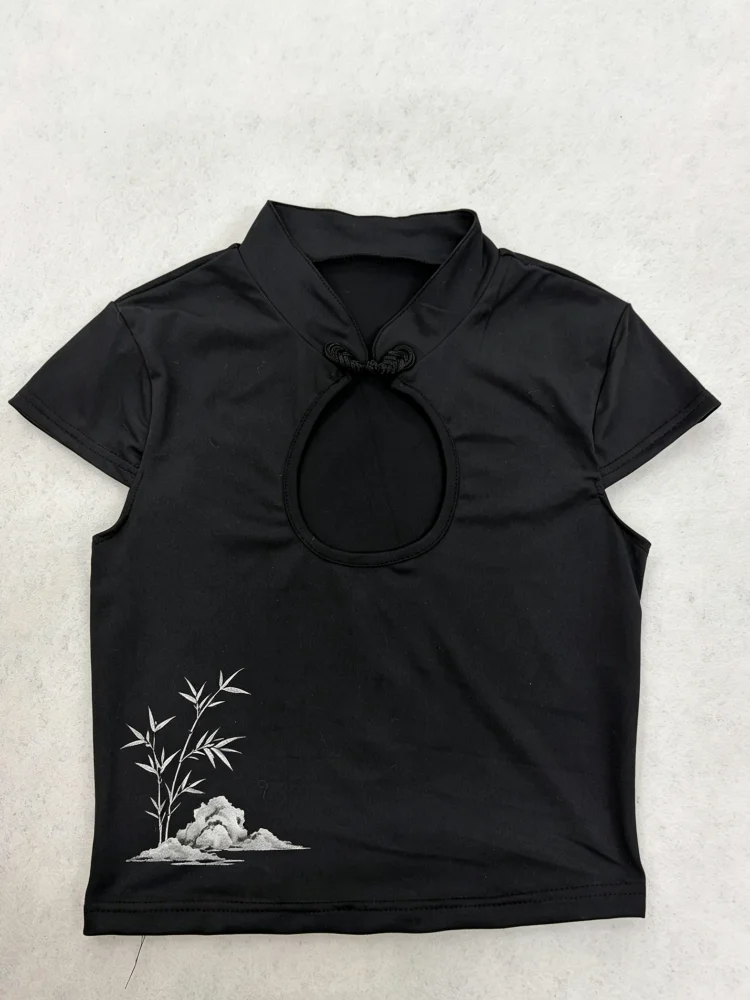Black New Chinese Qipao Crop Top Women Keyhole Frog Button Bamboo Koi Print Short Sleeve Blouse