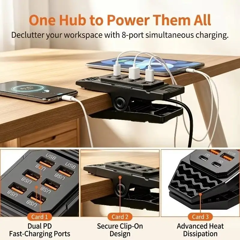 8-port desktop clip on USB charging hub, capable of clamping desktop USB splitters for simultaneous charging of multiple devices
