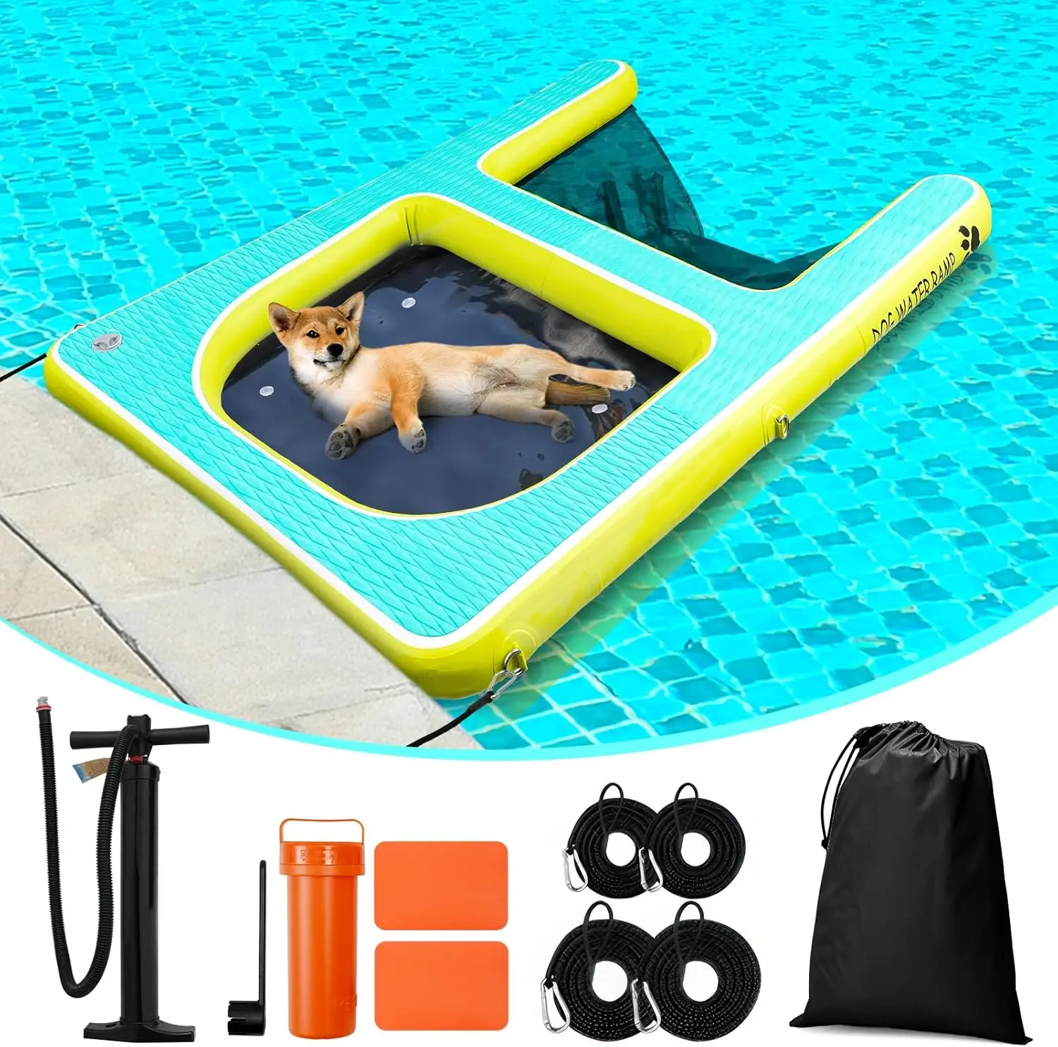 

2 in 1 Dog Pool Float&Water Ramp,Inflatable Boat Ramp for Medium Large Dogs Up to 180LBS, Non-Slip EVA Safety,High Stability