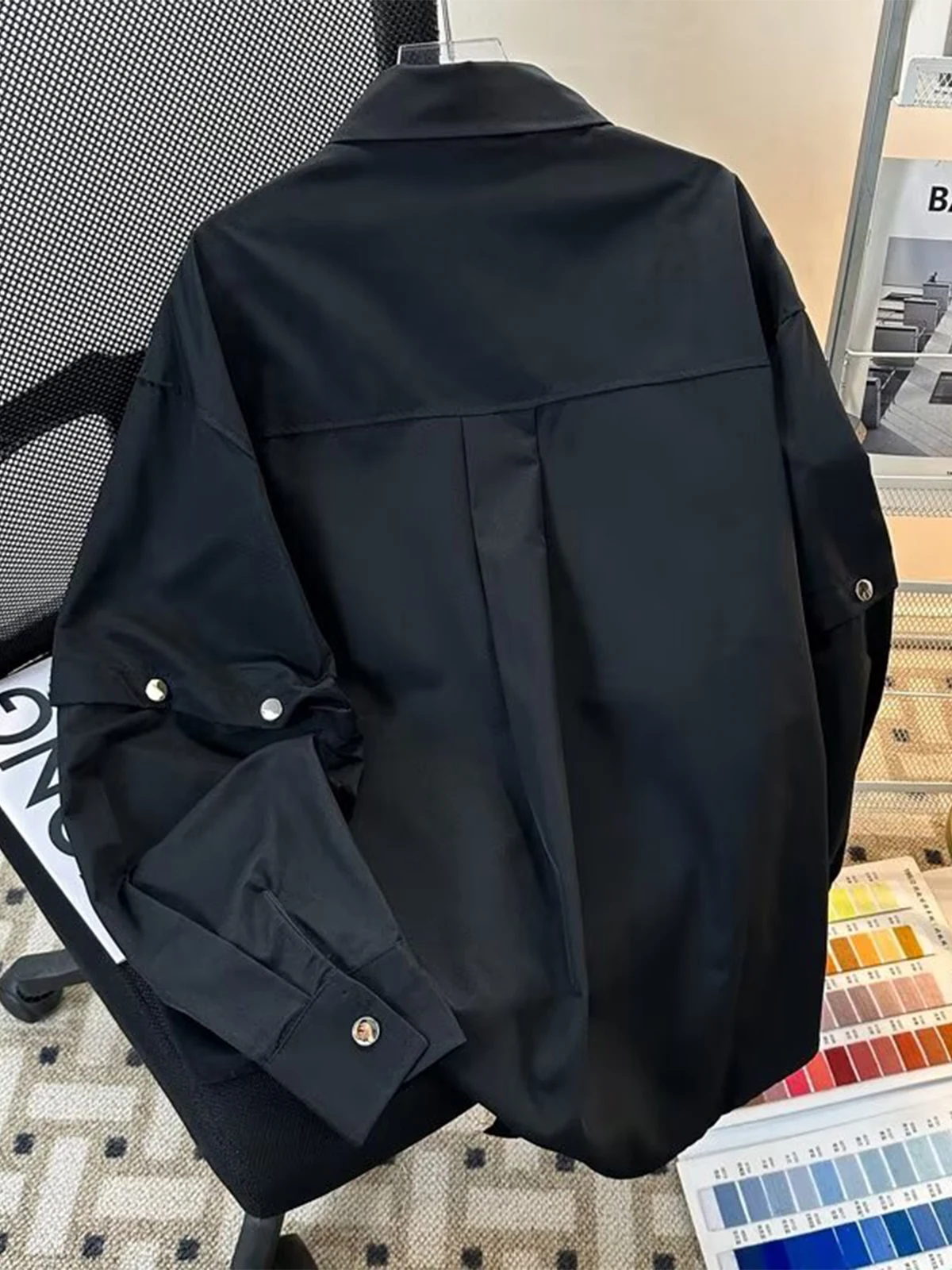 Men Deconstructed Shoulder Shirt Metal Buckle Decor Patchwork Sleeve Long Sleeve Minimalist Oversized Casual Dress Shirt