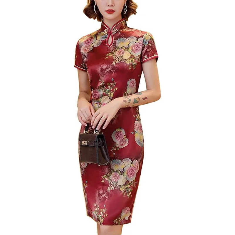 

Vintage Floral Print Midi Cheongsam Qipao Dress Mandarin Collar Keyhole Short Sleeve Chinese Style Party Dress