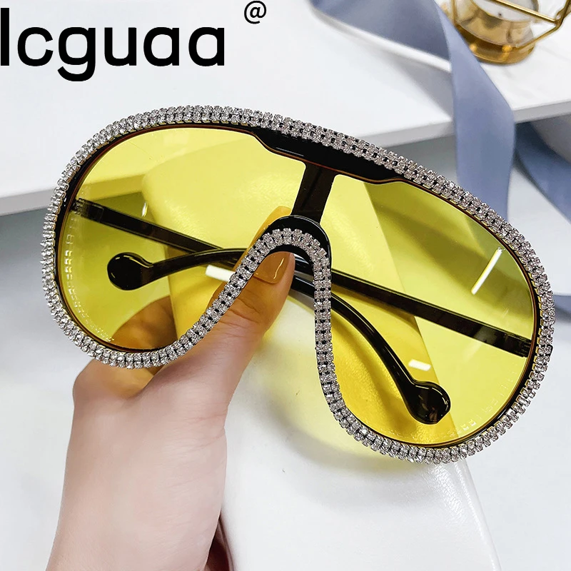 Oversized One-Pieces Diamond Yellow Sunglasses Luxury Designer Women Shades Sun Glasses For Summer Beach Lentes de sol mujer