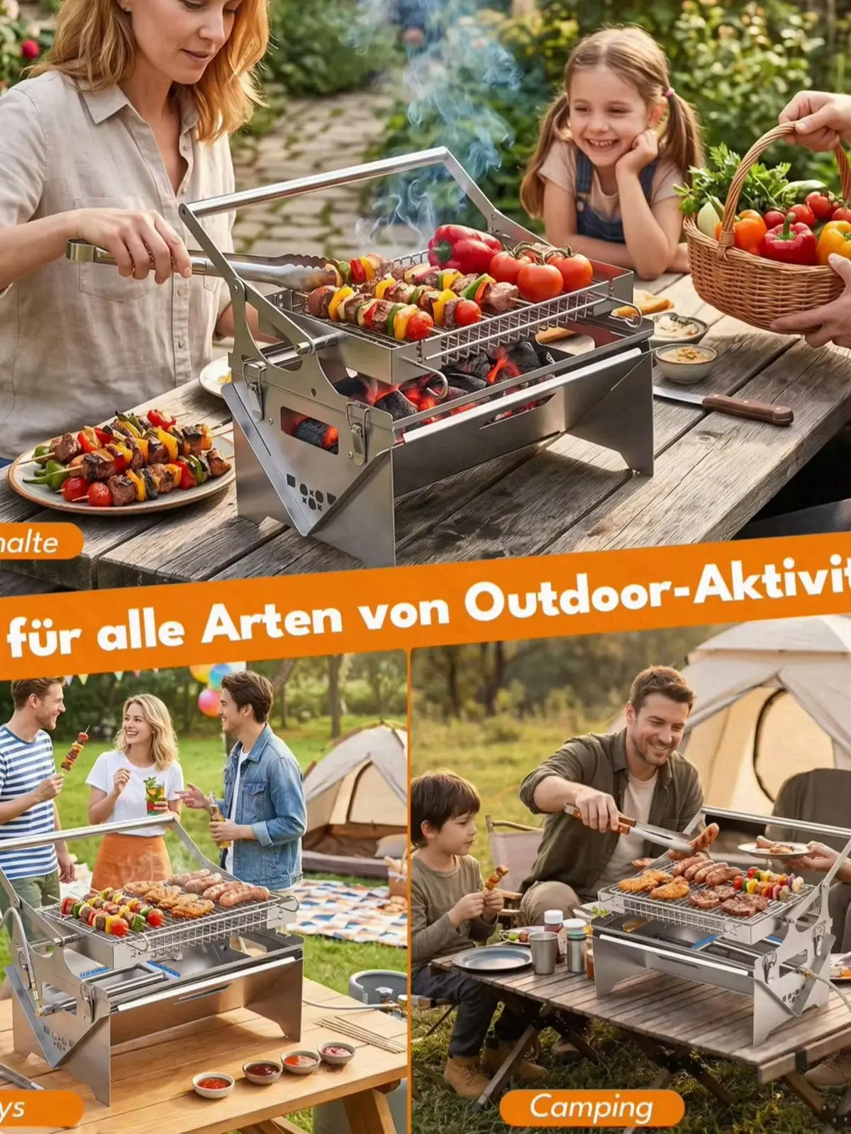 Tragbarer Holzkohlegrill aus Edelstahl, faltbar, für den Außenbereich, mit Tragegriff, aufklappbares Design, für Camping, Picknick, Garten.