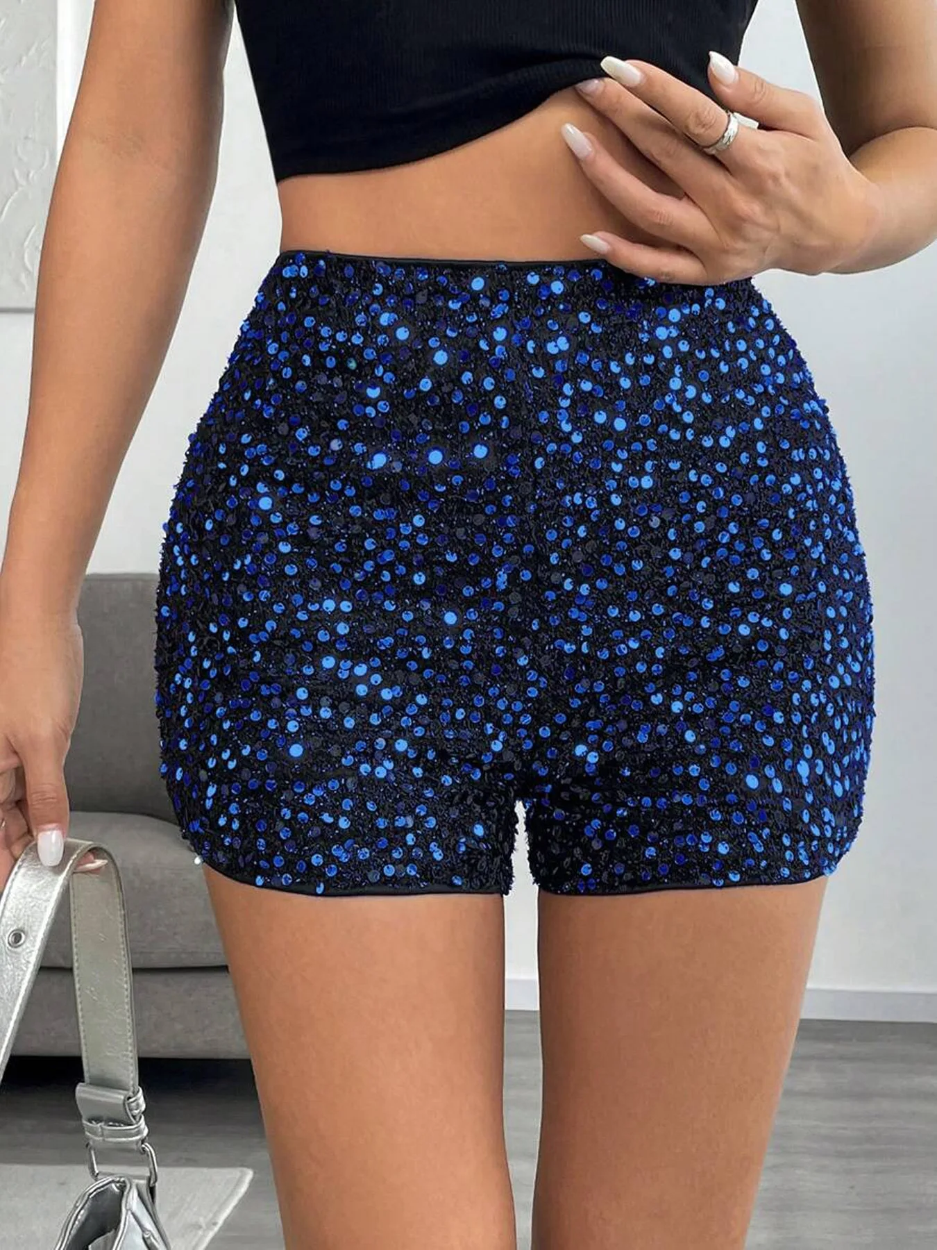 Women Sequins Black Low Rise Shorts Y2K Sexy Skinny Mini Shorts Summer Fashion Party Clubwear Costume Bottoms
