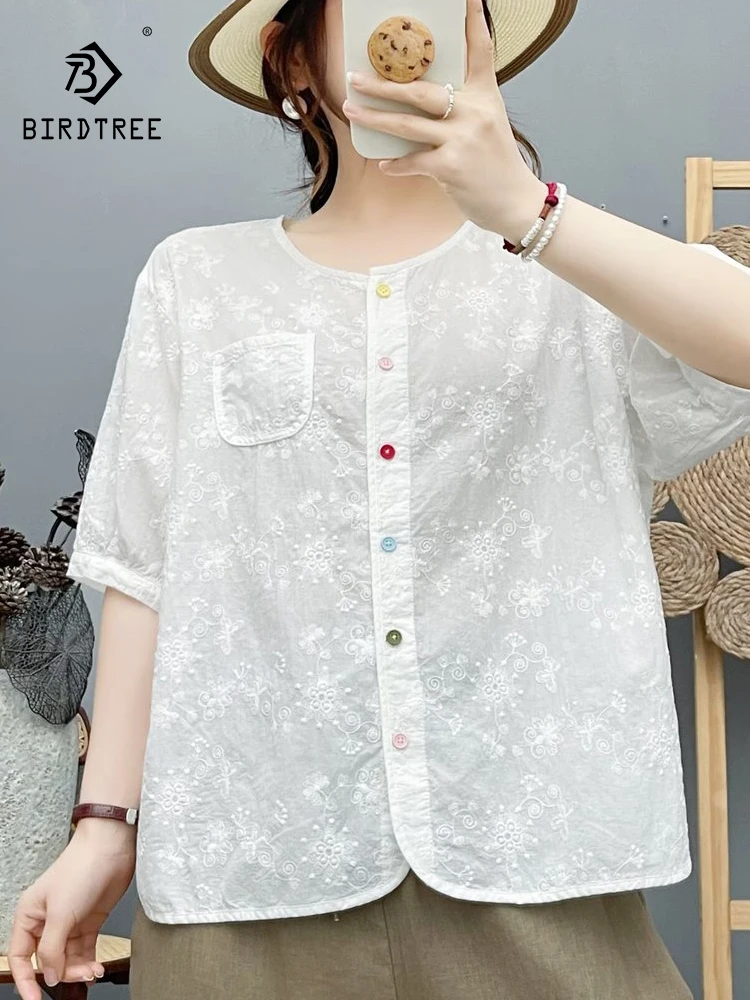

New 2026 Summer Women Cotton Half Sleeve Shirt, O Neck Embroidery, Mori Girl French Colorful Buttons Thin Loose Blouse T66461CC