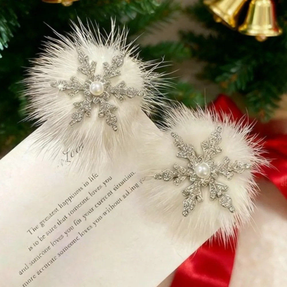 2Pcs Christmas Pearl Rhinestone Snowflake Girls Hair Clip Duckbill Clip Headwear Side Clip Jewelry Accessory Glitter Shiny Gift