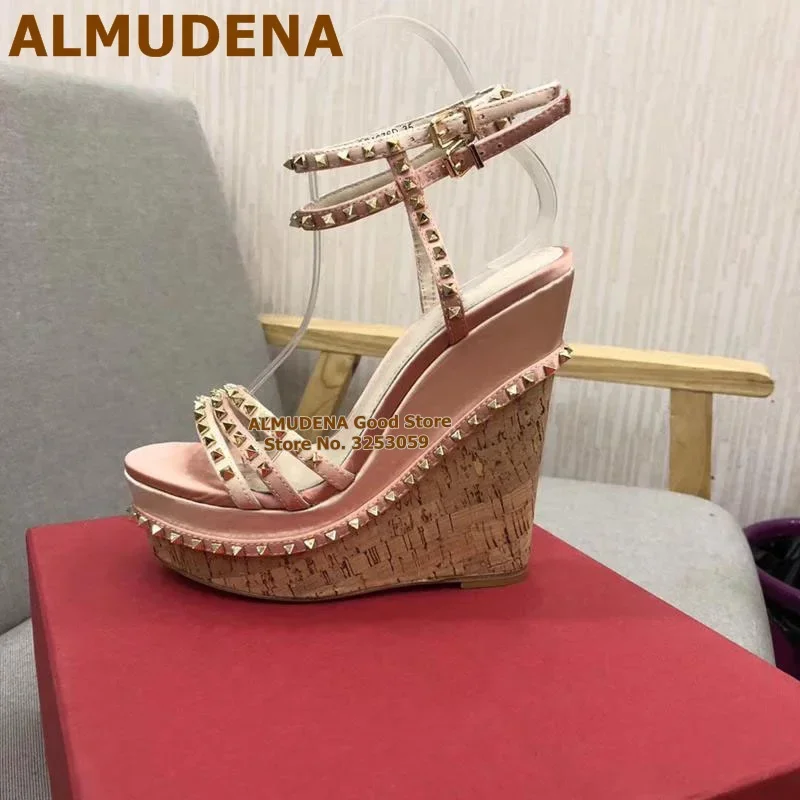 ALMUDENA Wood Wedge Heels Sandals Platform Gold Rivets Dress Pumps Women Strappy Pyramid Studded Gladiator Shoes Size43 Dropship