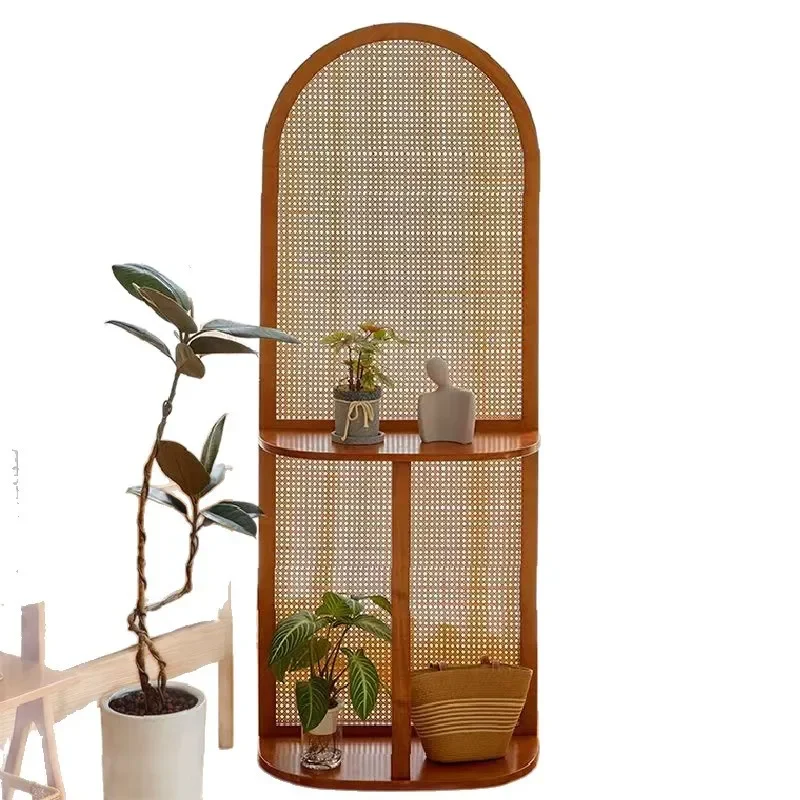 French Retro Rattan Solid Wood Entryway Partition Screen Living Room Bedroom Porch Divider Shelf Opposite Door Shielding