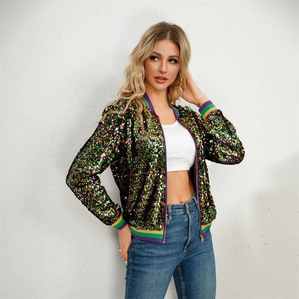 

Women Mardi Gras Sequin Jacket Bomber Jacket Ladies Zip Up Outweear Windbreaker Clothes Outfits For Women