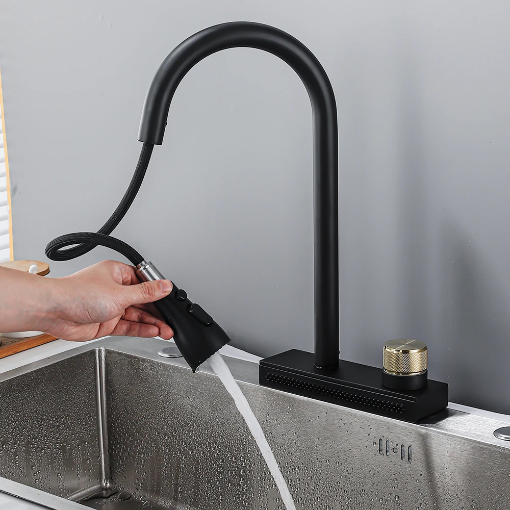 Waterfall Black Kitchen Faucet Can Pull 4 Ways Water Outlet Methods Cold and Hot Brass Single Hole Sink Tap