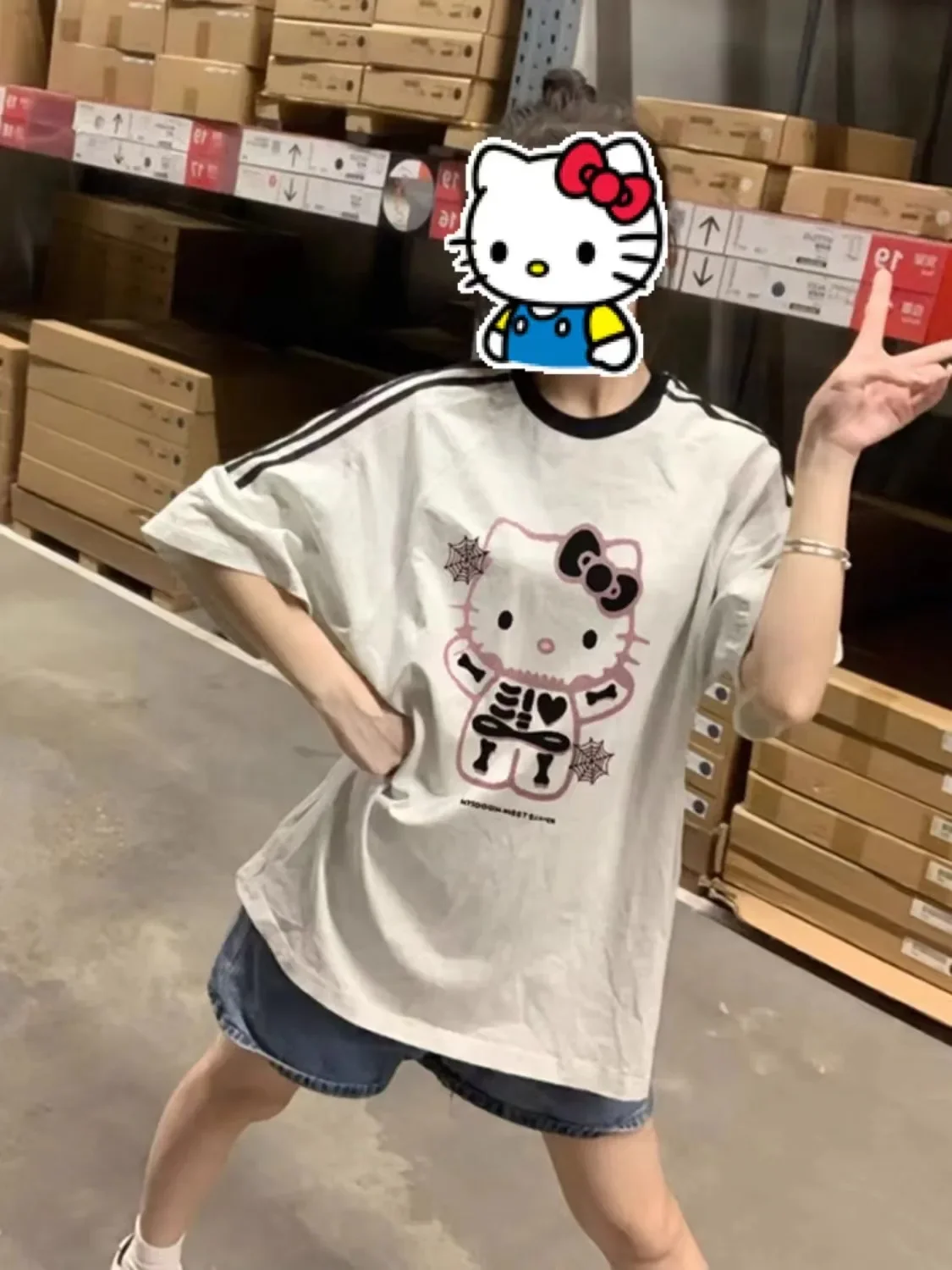 Sanrio Cartoon Hello Kitty Summer Women\'s New Short Sleeve Loose Cute Sweet Half Sleeve Top Round Neck Casual T-Shirt Girls Gift