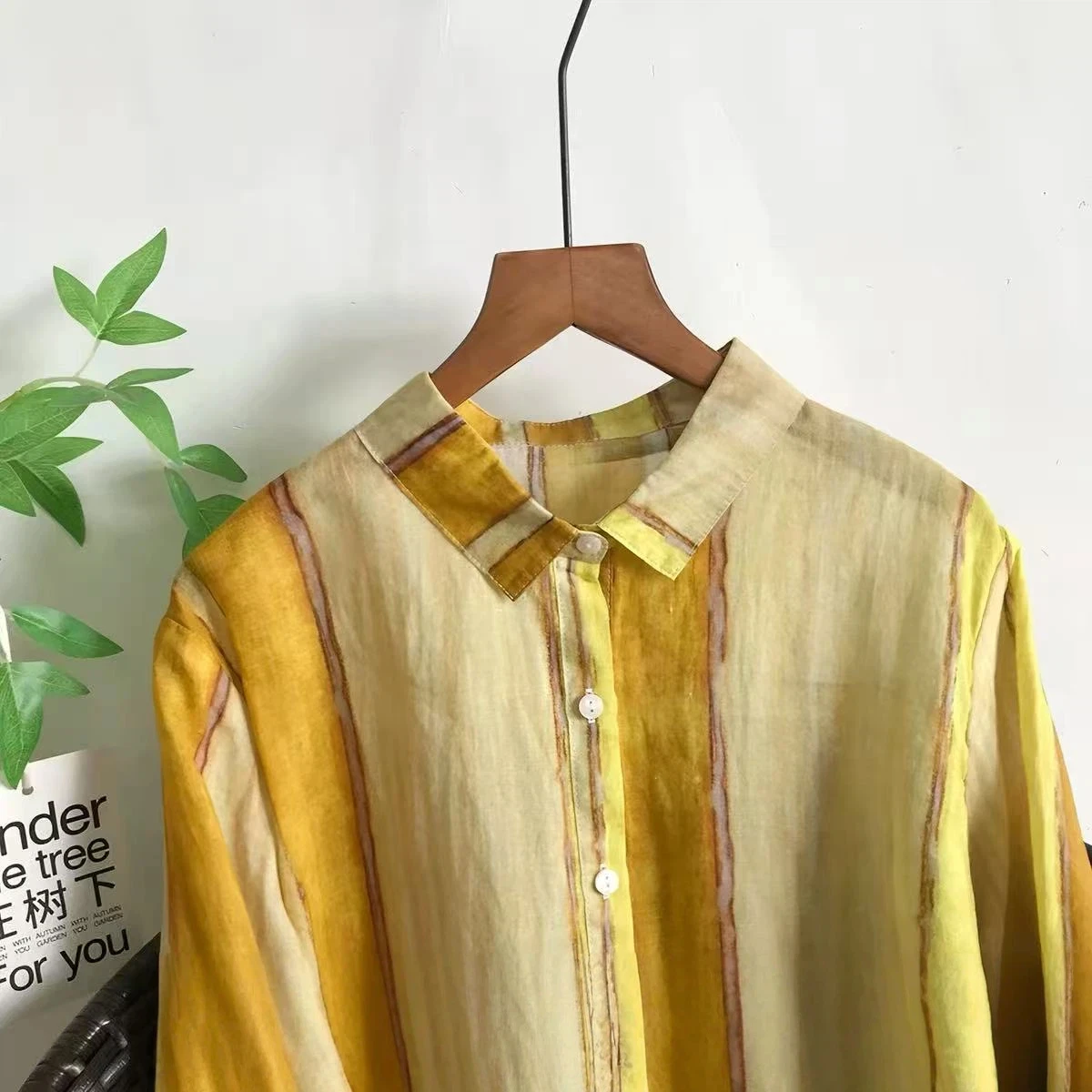 2026 Vintage 100% Ramie Shirt Spring Autumn Original Long Sleeve Yellow Gradient Striped Blouse Breathable Tops