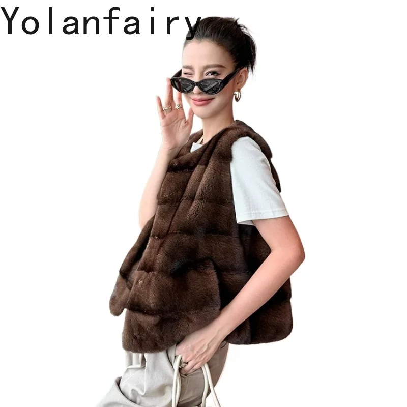 YOLANFAIRY Luxury Velvet Whole Mink Real Fur Coats Woman Fall Winter Sleeveless Elegant Natural Fur Vest Waistcoat vestes femmes