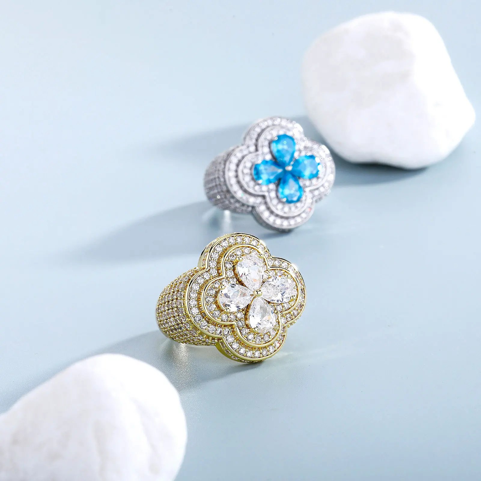 

Elegant Iced Out Zircon Flower Rings Hip Hop Vintage Full CZ Stone Finger Ring For Women Men Jewelry Party Gift