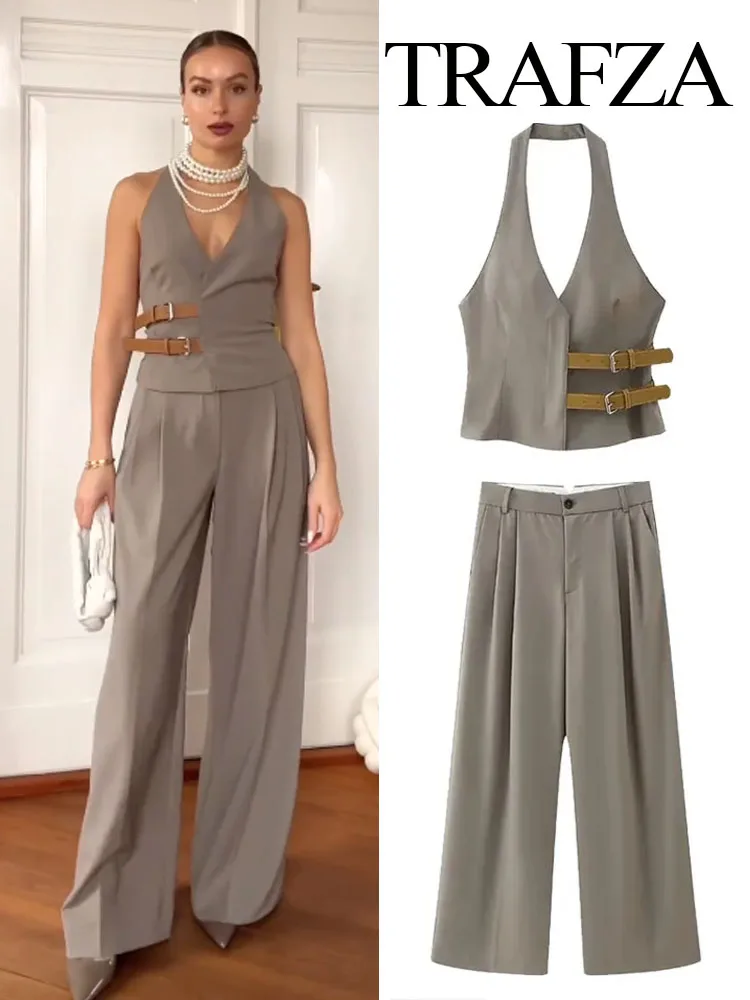 TRAFZA Women 2 Piece Set Fashion Backless Button-up With Belt Cropped Halter V-Neck Vest Top Loose Casual High Waist Long Pants