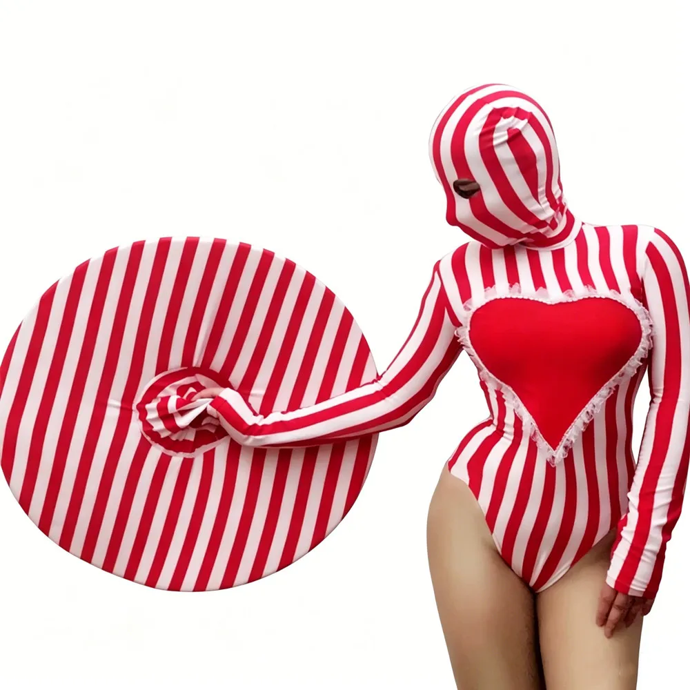 

Nightclub Bar Masked Singer Sexy Stage Wear Red Heart Stripes Bodysuit Big Hat Festival Party Rave Outfit Performance Costume