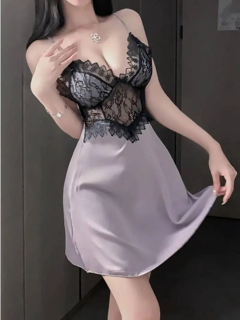 Sexy puro desejo estilo verão fino gelo seda camisola com almofadas no peito tentação cinta profundo decote em v renda cetim camisola 3zn