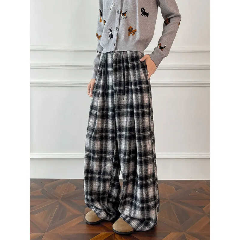 

American Retro Thiened Plaid Casual Pants Loose Straight Leg Design Floor-Length Trousers ex Lazy Sle Wide Leg Pants