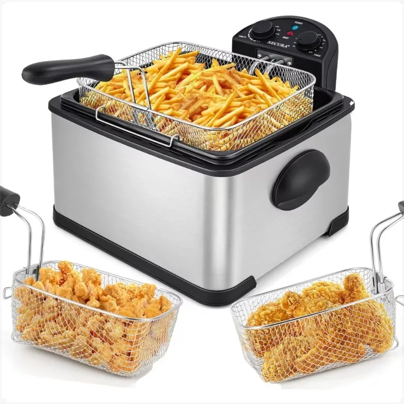 

【Fashionable】4L/17Cup Stainless Steel 1700W Electric Fryer With Timer, Deodorizing Filter, Three-Layer Basket, 4.5-Quart Capacit