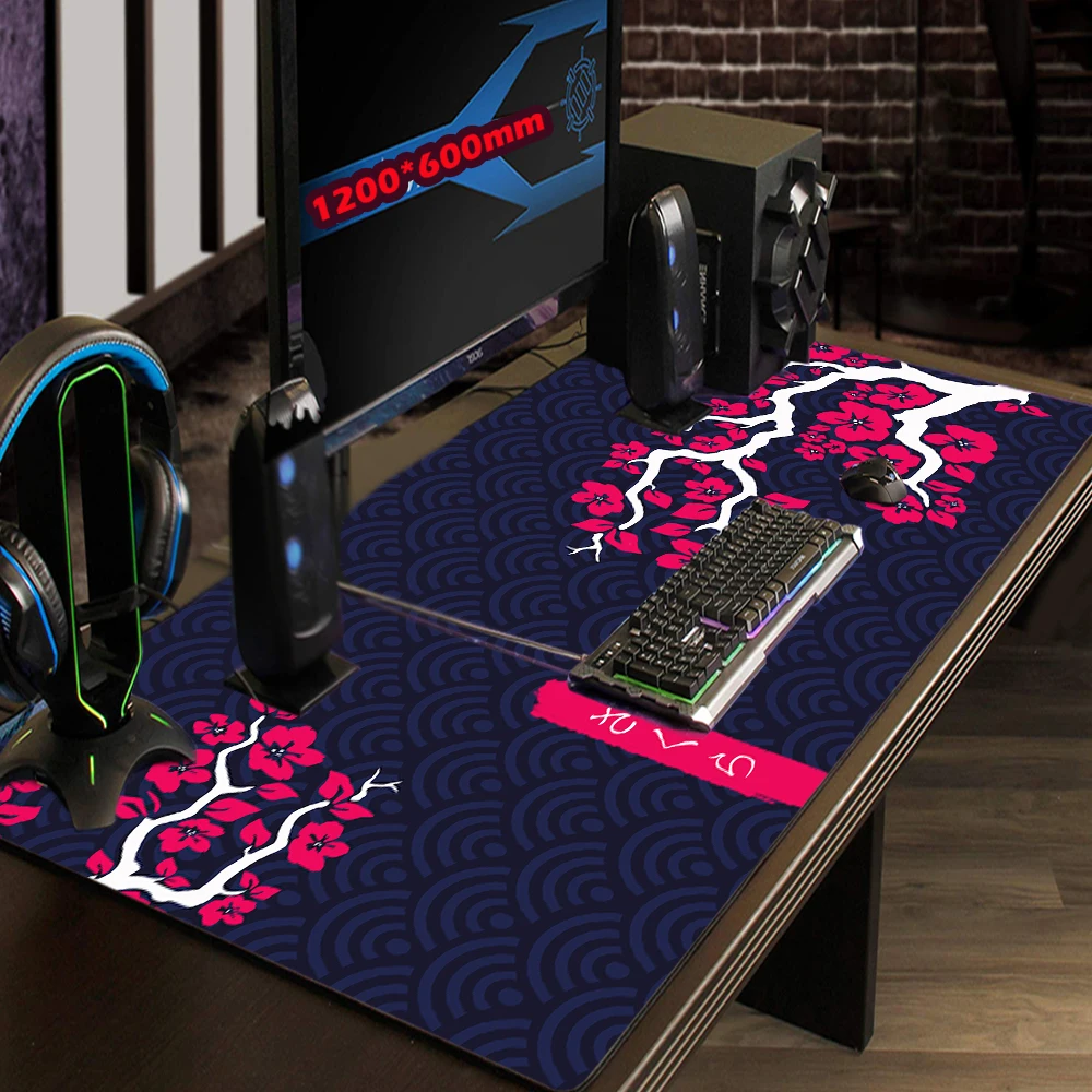 Sakura Mouse Pad Gaming Japanese Cherry Blossom Mousepad Gamer Pink Mats 120 Purple and White Black Mause Pad Extra Large 90x40