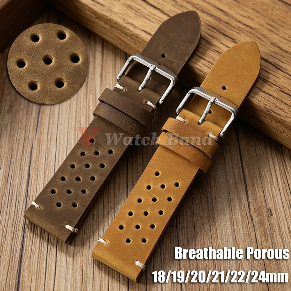 Bracelets de montre faits main en cuir vintage respirant et poreux, couleur marron foncé, 18mm, 19mm, 20mm, 21mm, 22mm, 24mm