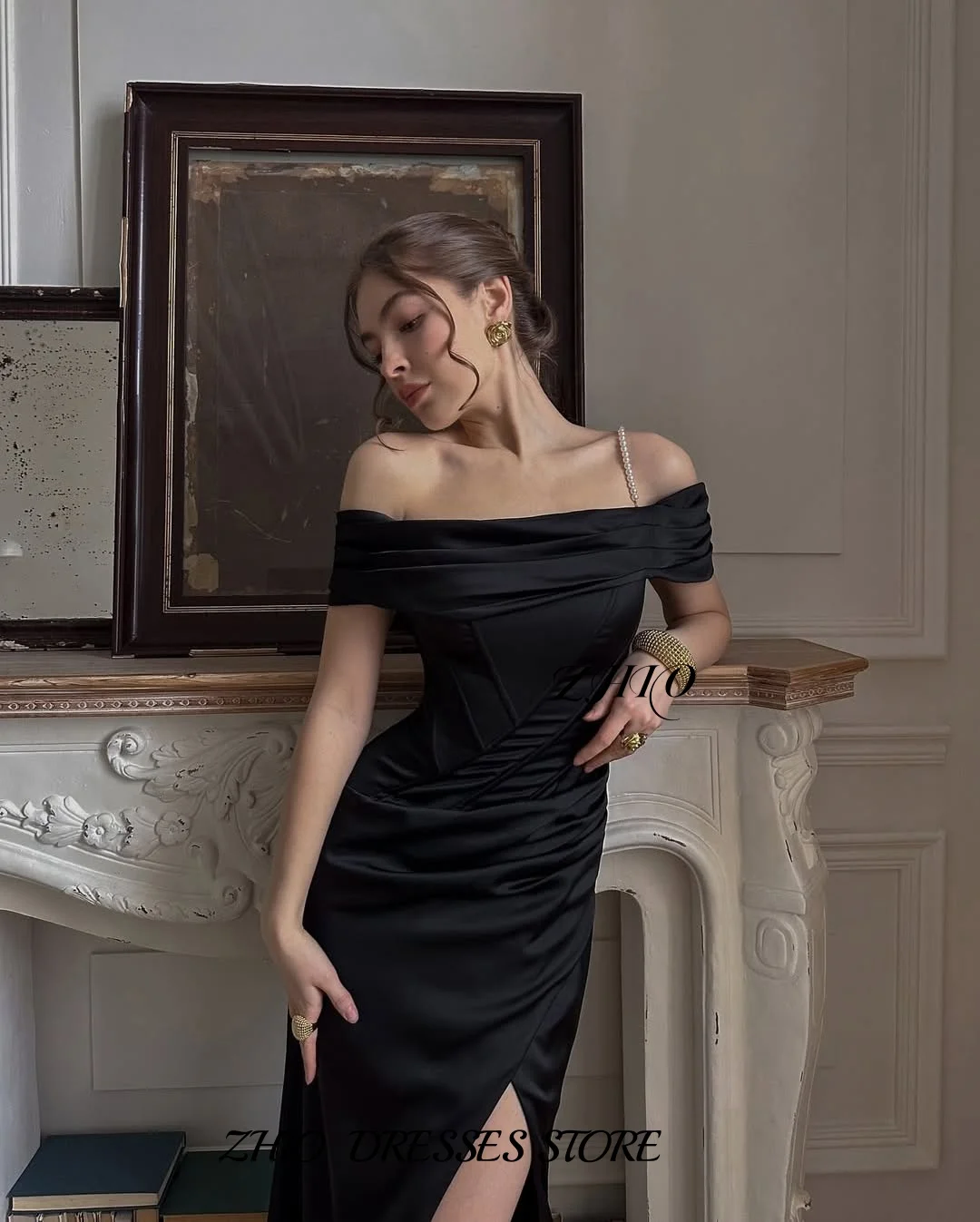 

ZHIO Off Shoulder Black Satin Evening Gown Cowl Neck Ruched High Slit Maxi Dress Women's Formal Party Prom Outfit Customized