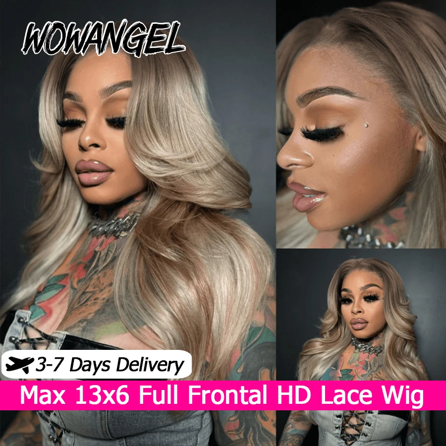 

WOWANGEL 13x6 HD Lace Frontal Wig Ash Blonde Balayage Body Wave Human Hair Wig Pre Plucked Glueless Ready to Wear Wig For Women