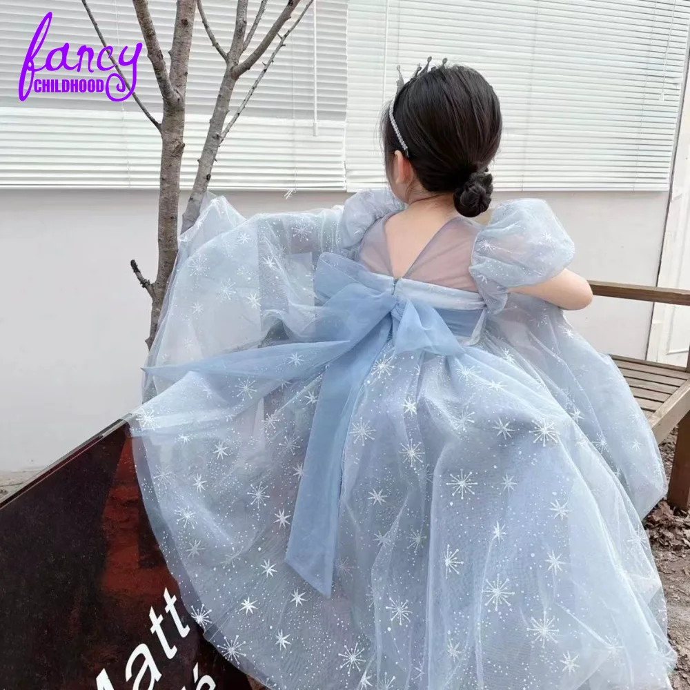 Summer Light Blue Princess Cinderella for Kids Girls Big Bow Stars Tulle Dress Child Wedding Birthday Party Ball Gown 3-10T