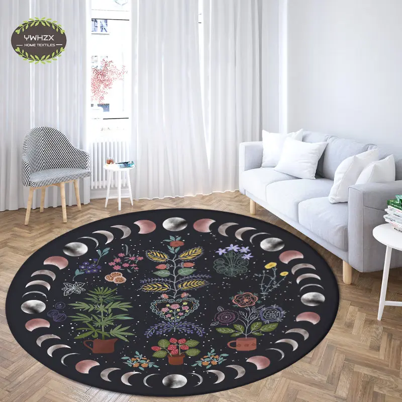 Moon Phase Flower Round Rugs for Bedroom House Sofa Carpets Anti-Slip Living Room Bedside Bathroom Floor Mats Hoom Decoration