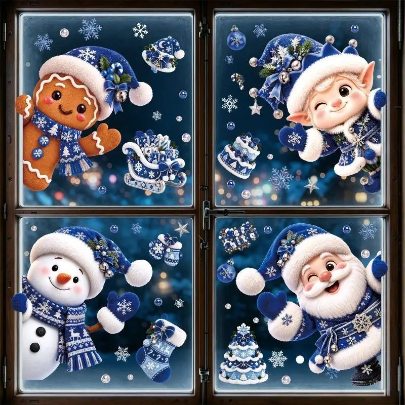 4Pcs Removable Blue Christmas-Themed Window Decals Featuring Cute Santa Claus, Snowman, And Gingerbread Man Home Decor