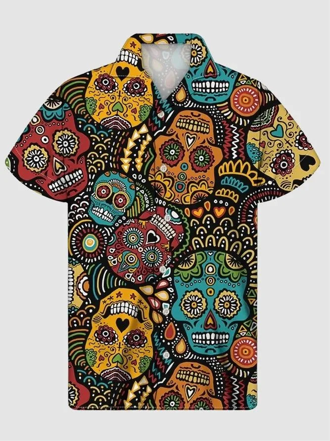 Hawaiian Abstraction Sketch Skeleton Skull 3D Print Casual Loose Fashion Men's Shirt Summer Short Sleeve Shirt Men's Clothes Top