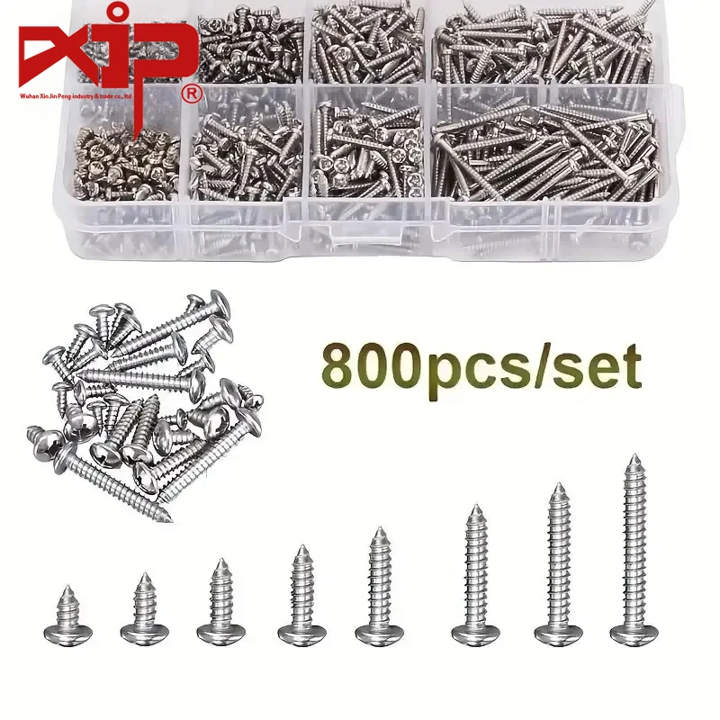 Screws Phillips 800pcs  Cross-border  Boxed Metric M2 Carbon Steel Nickel-plated Silver Round Head Cross Self-tapping Screw Kit