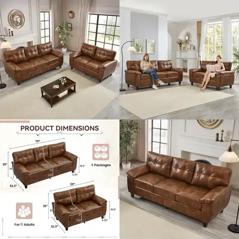 mid-century vintage style 2-piece faux leather upholstered tufted sofa and loveseat set for comfortable seating