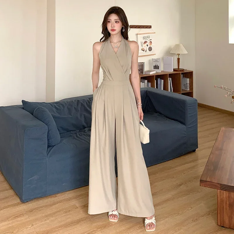 

MiiiiX Office Lady Casual Style V-neck Halter Sleeveless Jumpsuit Women's 2024 Summer Waist Slim Wide Leg Pants Loose Trousers