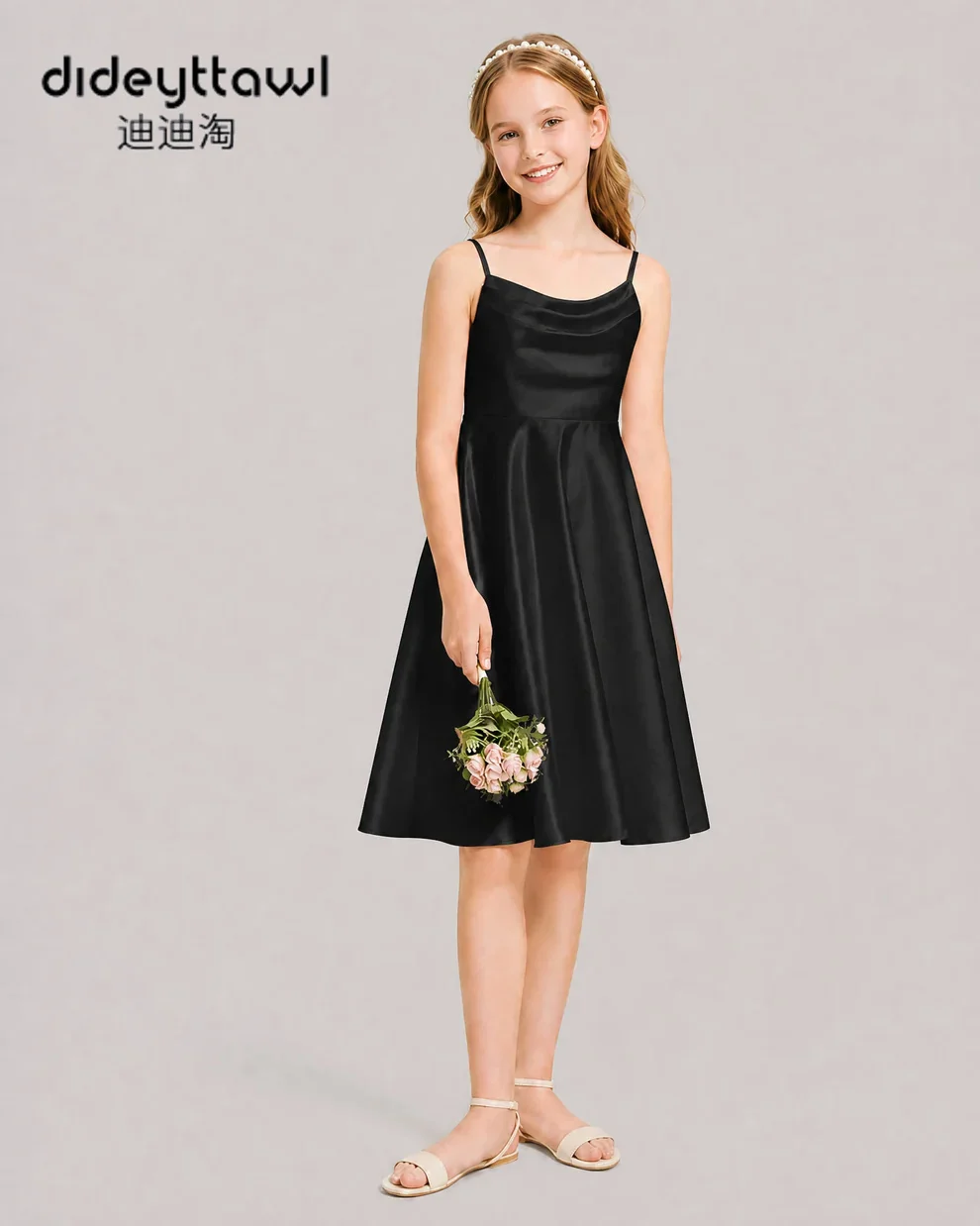 Teen Girls Satin Spaghetti Strap Midi Dress Back Big Bow Formal Gown For Wedding Bridesmaid Birthday Evening Pageant Multi Color
