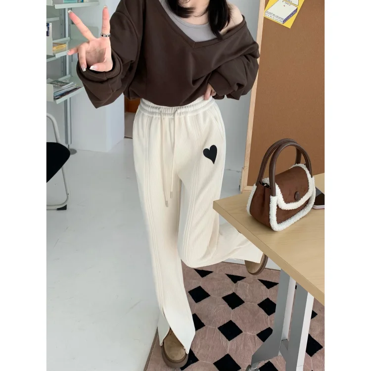

Korean style High-Waist Front Slit Casual Straight-Leg Pants, Slimming and Versatile Floor-Length Trousers, Trendy Loose Fit