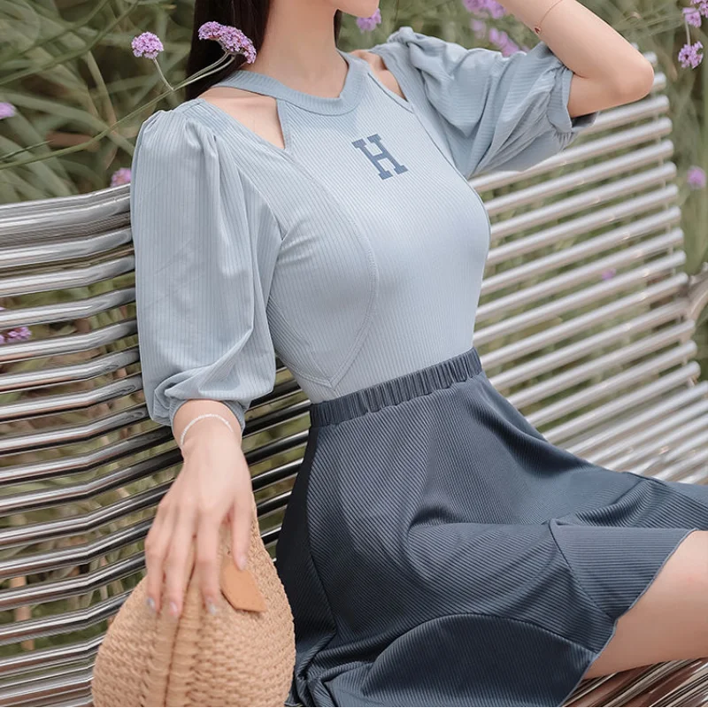 Summer New Casual Short Sleeve Women's Clothing Hollow Out Spliced Ruffles With Chest Pad Off Shoulder Conservative Swimwear