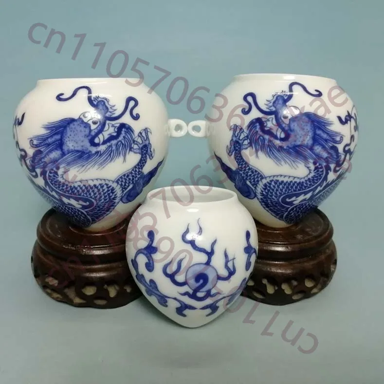 

Набор из 3-х азиатских фарфоровых чашек с бамбуковым орнаментом и драконами, сине-белый фарфор