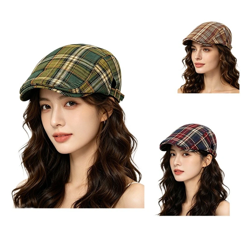 Fashionable Retro Plaid Beret, British‑Style Ivy Cap with Adjustable Back Buckle, Suitable for Daily Casual Wear